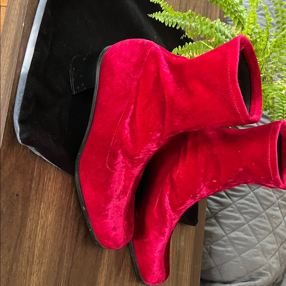 Vintage Red Velvet Pull On Ankle Boots